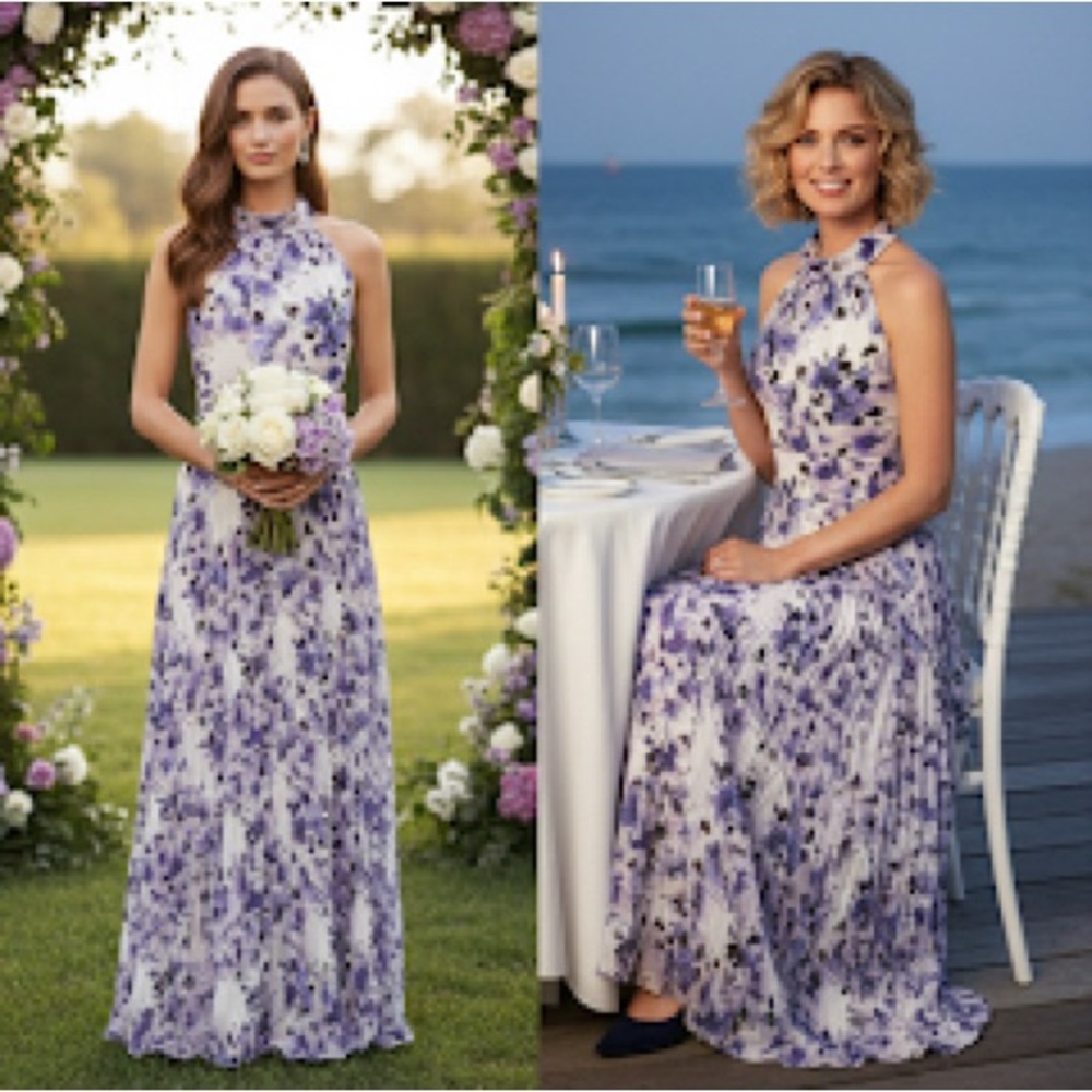 Eliza J Purple Floral Halter Tie Pleated Wedding Guest Party Maxi Dress Size 8 - Picture 3 of 16